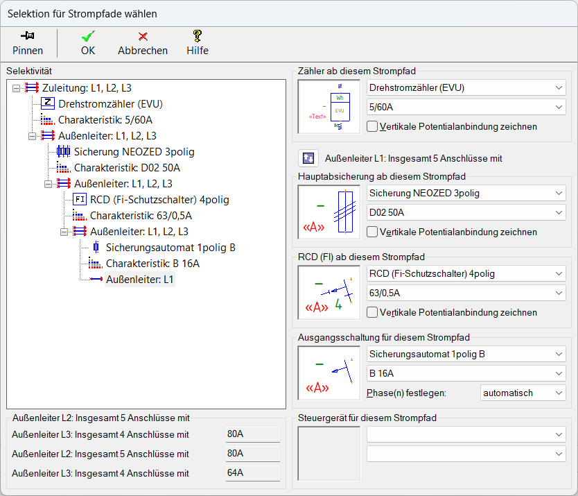 Selektion für Strompfade wählen
