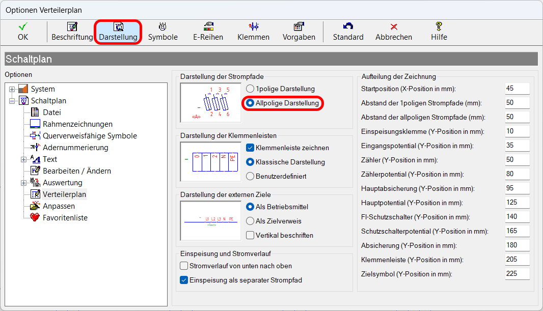 Umschalten zwischen ein- und allpoliger Darstellung